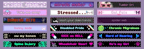Several web blinkies arranged in rows, featuring slogans such as "tumblr girl" and "disability pride".