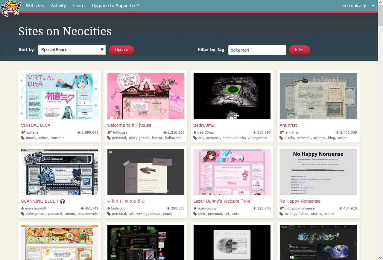 A grid of 12 small previews of different web pages, below the heading "Sites on Neocities".