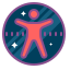 Round icon of the accessibility symbol that's a person with
arms outstretched. There is a purple outline, dark blue background with stars,
and the person is colored in coral pink.